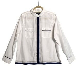 J.Crew Tipped Cotton Pajama Shirt‎ Popover White Navy Grosgrain Ribbon Trim 12
